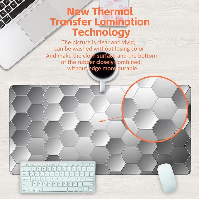 Large Gaming Mouse Pad for Desk, Silver Technology Honeycomb Desk Mat, Sci-Fi Honeycomb Desk Pad, 31.5"x15.7" Extended Big Computer Keyboard Mouse Pad with Non-Slip Base and Stitched Edge