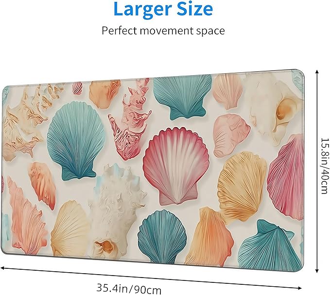 Ocean Themed Mouse Pad, XXL Seashell Desk Mat, Summer Beach Design, 35.4 x 15.8 inches,Girly Summer Coastal Gaming Pads,Girly Laptop Desk Mat