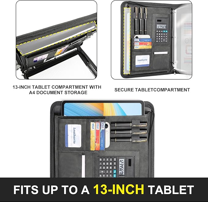 Leathario Portfolio Binder, 3-Ring Folder Organizer, Includes 5 Sheet Protectors and a Pen, Vegan Leather A4 Padfolio for Tablets, Business Conferences Professional Document Organizer, Office Supplies