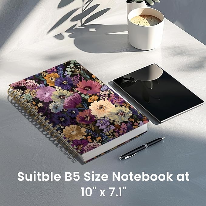 Lined Spiral Notebook Journal for Work, 300 Pages Thick B5 (7.1"x10") College Ruled Journal for Women & Writing, Hardcover Notebook for Note Taking, Perfect for Office Home School, Midnight Bloom
