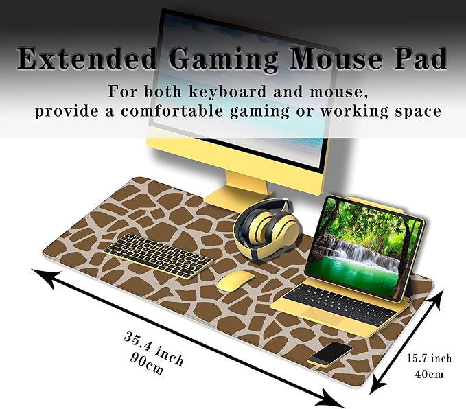 Office Desk Mat Yellow, Large Mouse Pads Gaming, Waterproof Non-Slip Rubber Base, 35.4" X 15.7" for Work/Game/Office/Home Cartoon Spots Fur Animal Africa