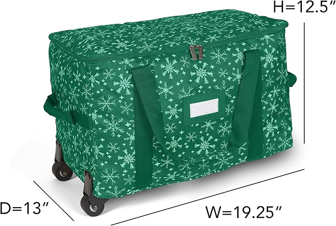 Covermates Keepsakes Rolling Christmas Light Storage Bag - Carrying Handles, ID Window, Dual Wheels - Holiday Storage, Green Snowflake