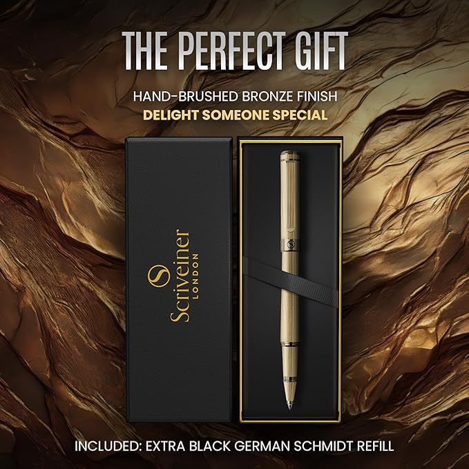 Scriveiner Bronze Rollerball Pen - Stunning Luxury Pen, Schmidt Ink Refill, Best Roller Ball Gift Set for Men & Women, Professional, Executive Office, Nice Pens