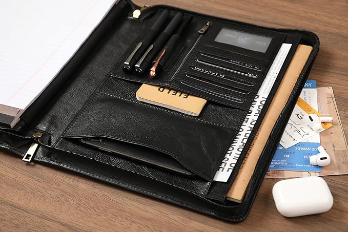 Leather Portfolio for 12.9 inch iPad Pro (2018/2020/2021/2022), Leather Padfolio Organizer with Ipad Holder for Letter Size Notepad, Personalized Portfolio for Men/Women (Black, Non-Custom)