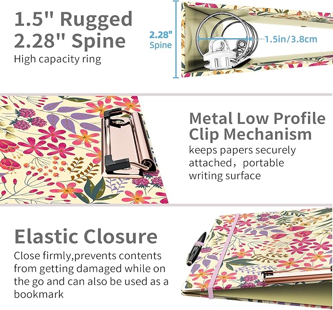 Ospelelf 3 Ring Binder, 1.5 Inch, Cute Floral Binder for Letter Size (11" x 8.5") with 5 Tab Dividers, File Folder Labels and Low Profile Clipboards
