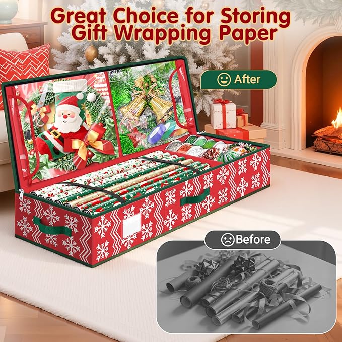 Wrapping Paper Organizer Storage, Christmas Wrapping Paper Storage with Flexible Partition & Pockets for Christmas Decorations, Ribbon, Underbed Gift Wrap Organizer for Holiday(Wave and Snowflake/Red)