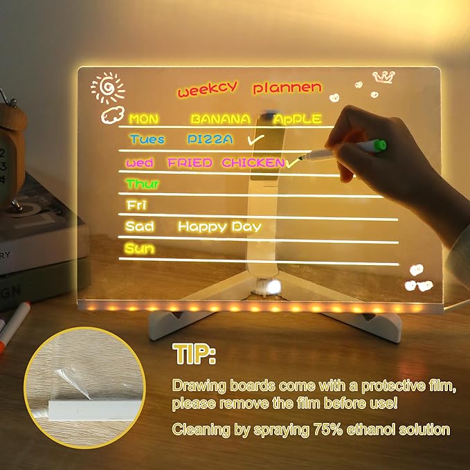 LED Note Board with Colors,LED Drawing Pad with 7 Color Pen,Light Up Acrylic Message Board with Adjustable Stand,Acrylic Dry Erase Board with Light for Office School Home,Gift for Kids(12"x8")