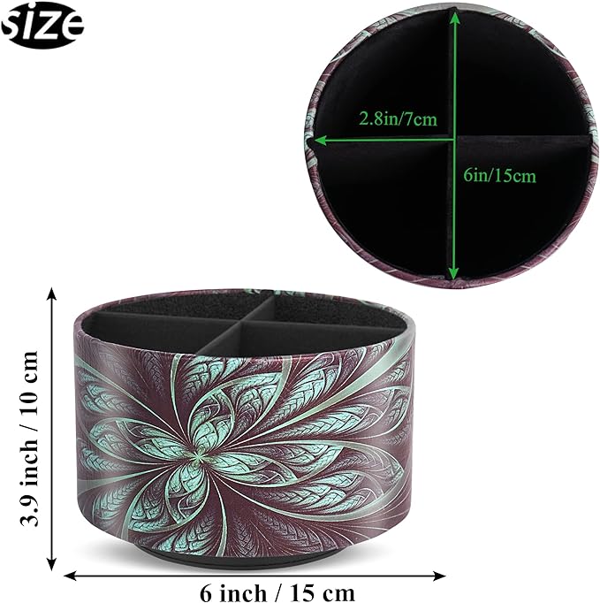 lizimandu Round Leather Art Supply Organizer,Remote Control Holder,360 Degree Rotating,Multi-Functional Pencil Holder,4 Compartments Desktop Stationary Organizer(1-Green Flower)