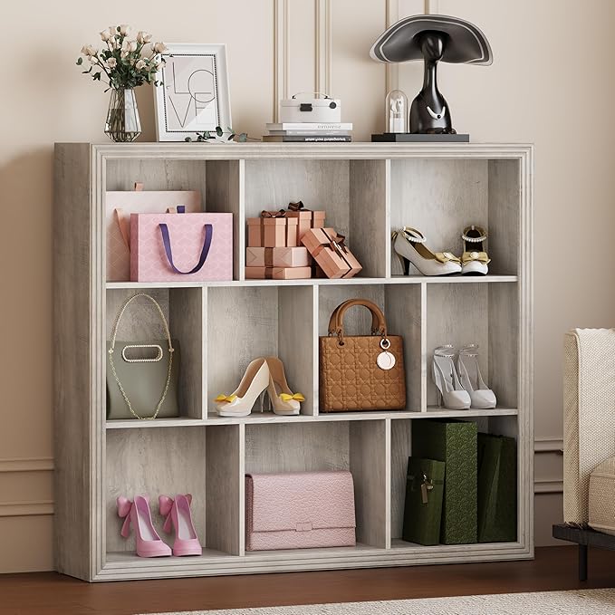 Wooden 10-Cube Storage Organizer, 3-Tier Bookshelf, Wood Grey Bookshelf, Bookcase, Cubical Storage Shelf with 3 Removable Back Panels for Bedroom Home and Office