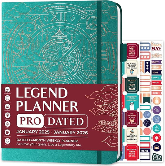Legend Planner PRO Dated Jan 2025-Jan 2026 – Deluxe Weekly & Daily Organizer with Time Slots. Appointment Book Journal for Work & Time Management, A4 Hardcover (Viridian Green)