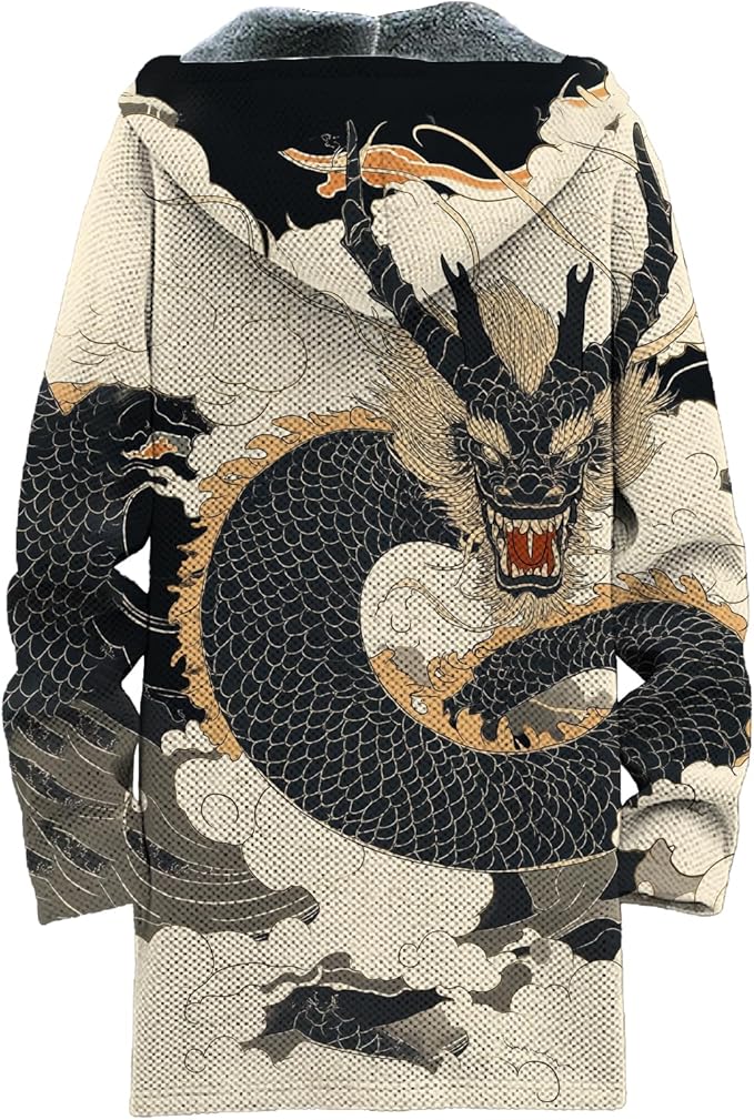 MARSVOVO Mens Cardigan Sweater Cool Graphic Lined Fleece Long Coat Zip With Pockets Fashion Coat Warm Fitted Jacket