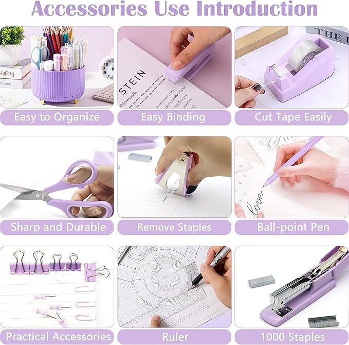 Purple Desk Accessories, Purple Office Supplies 360°Pen Holder Desk Organizers And Accessories with Tape Dispenser, Stapler, Staple Remover, 1000 Staples, Tape, Clips Set, Ruler, Scissor, Pen