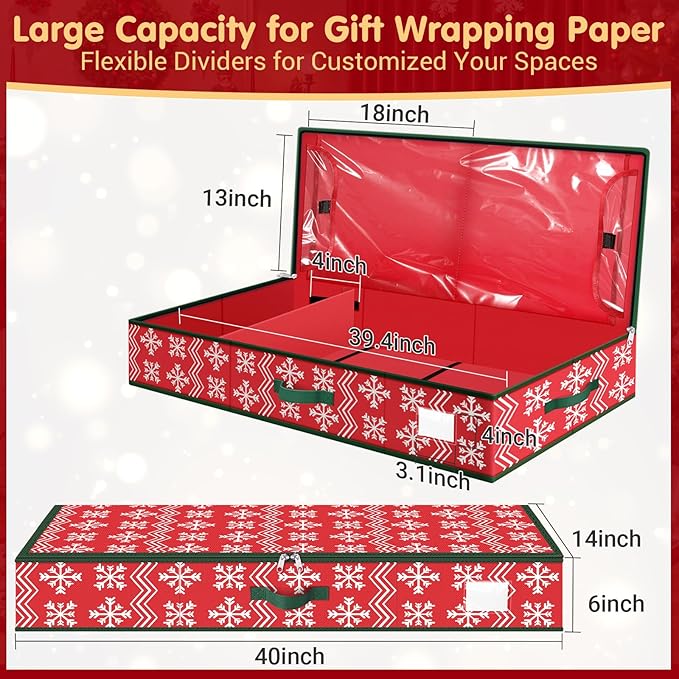 Wrapping Paper Organizer Storage, Christmas Wrapping Paper Storage with Flexible Partition & Pockets for Christmas Decorations, Ribbon, Underbed Gift Wrap Organizer for Holiday(Wave and Snowflake/Red)