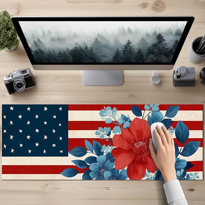 Mouse Pad 31.5 x 11.8 Inch American Flag Floral Desk Mat XL Large Extended Keyboard Mat Computer Desk Pad Non Slip Waterproof Mouse Pads Gaming Office Accessories