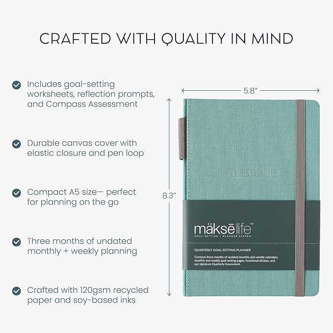 MäksēLife 90-Day Quarterly Planner - Entrepreneur Goal Setting & Project Management, Undated 3-Month Productivity Planner for Small Business Owners, Teal