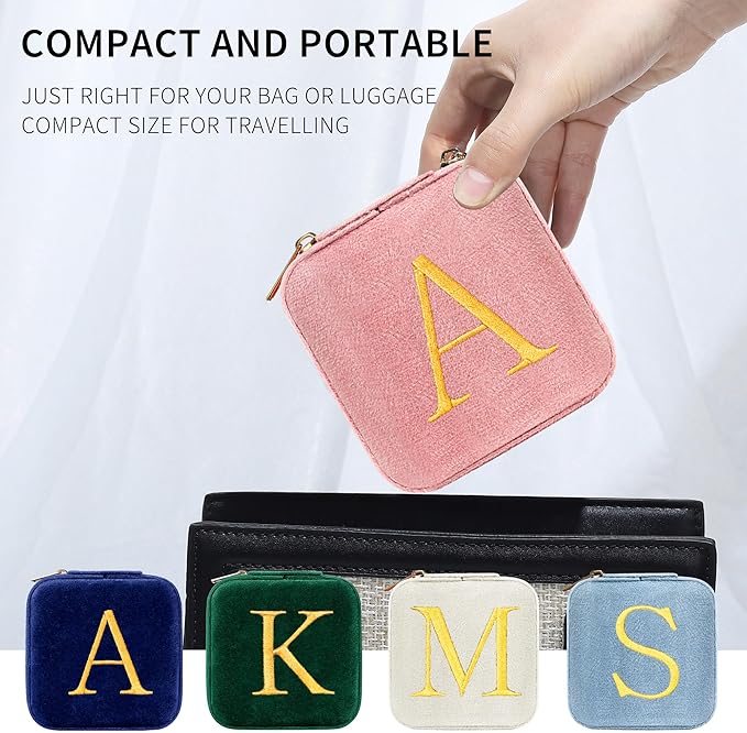 Parima Plush Velvet Travel Jewelry Case Organizer Jewelry Box - Small Travel Jewelry Holder Jewelry Case Travel Essentials Personalized Birthday Gifts for Women Teenage Her Friend - Letter R, Pink