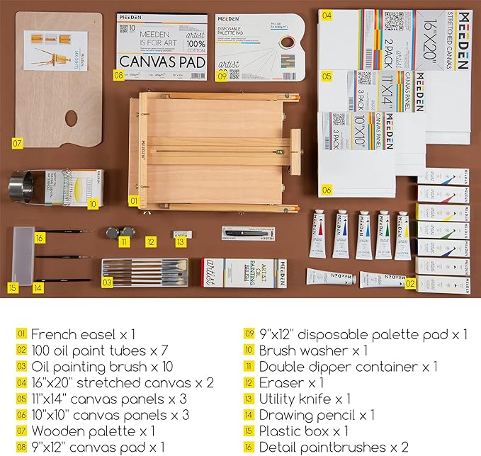 MEEDEN Oil Painting Set with French Easel, Paint Kit with Easel,7x100ml/3.38oz Paint, Paintbrushes,Canvas & Oil Painting Supplies for Adults &Artists