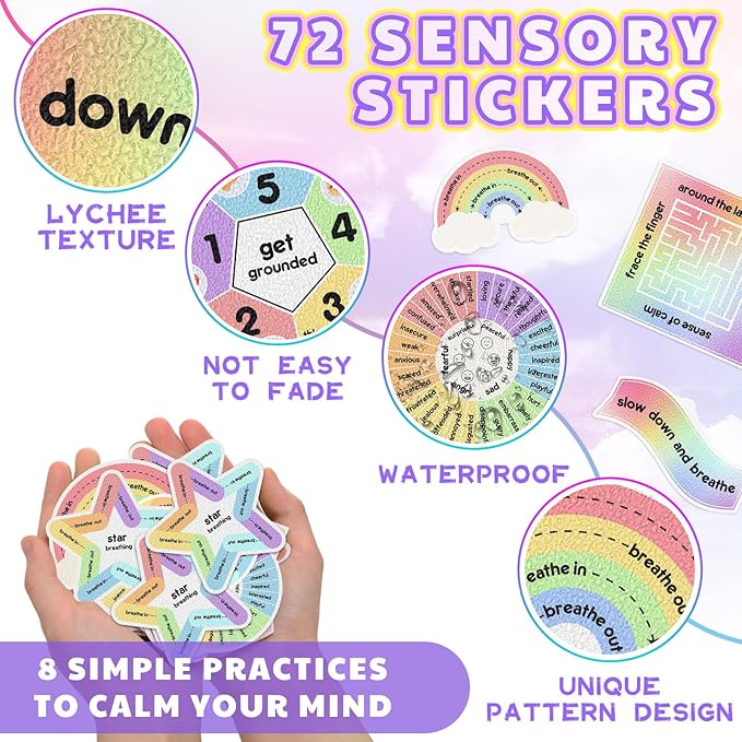 Libima 72 Pieces Anxiety Sensory Stickers Anxiety Textured Stickers Fidget Stickers Mindfulness Sticker School Counselor Supplies Adult Sensory Items Anxiety Relief, 9 Styles(Rainbow Color)
