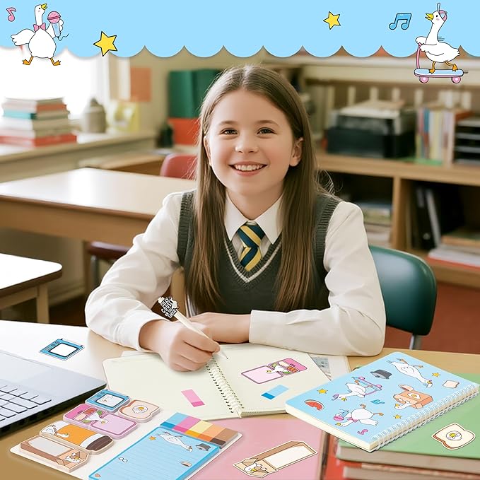 B1ykin Stationery Gift Set - 3Pcs Notebook Sticky Notes, A5 Spiral Notebooks & 550 Sheets Cute Sticky Notes with Pens Kit for Office School Teacher Thanksgiving Supplies (Funny Goose)