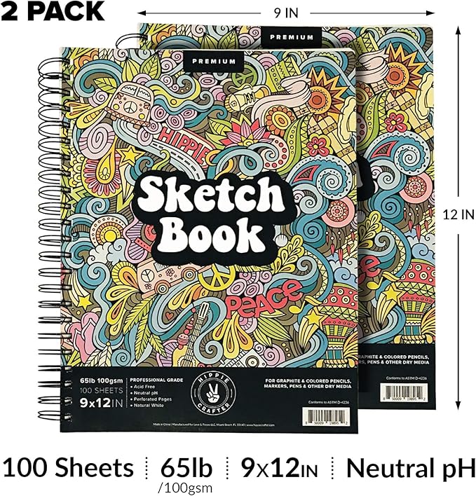 Marker Sketch Book Pack, 9 x 12 Inches Spiral-Bound Sketchpad, 2 Pads, 100 Sheets, 65lb Paper for Drawing and Markers, Ideal for Adults and Artists