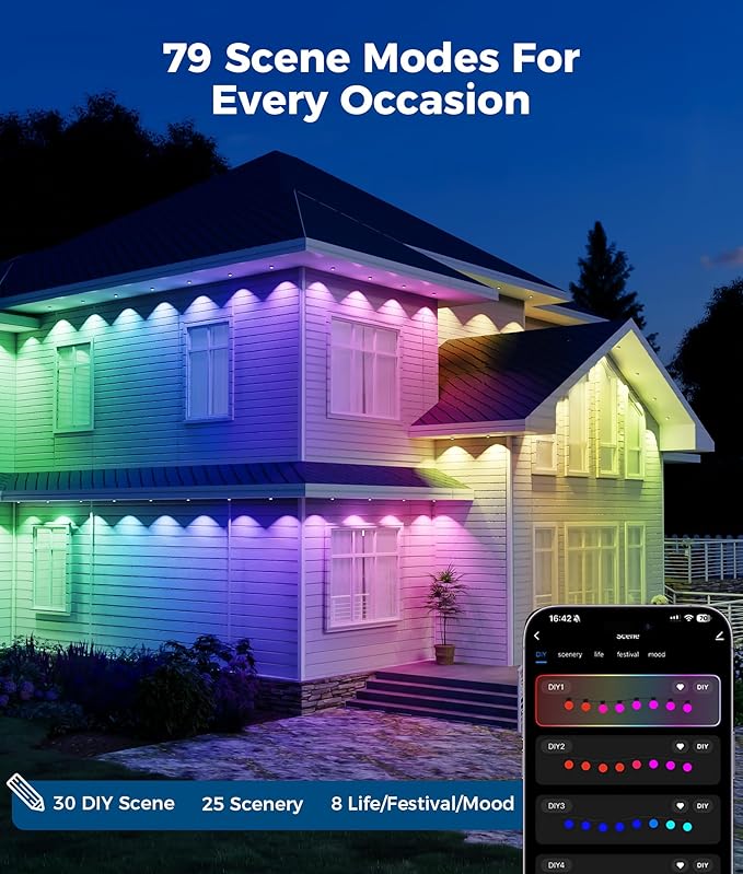 Permanent Christmas Lights Outdoor, 100ft RGB & 60pcs LED Lights, 79 Scene Modes with Timer for Smart Outdoor Christmas Decorations, IP67 Waterproof Works with Alexa and Google