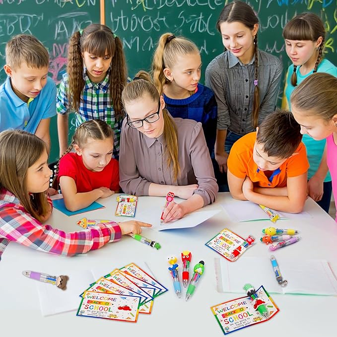 CZWZ 30 Set Cute Multicolor Pens in One 4-in-1 Fun Pens Bulk with 30 Gift Cards for Kindergarten Party Welcome Back To School Student Gift Bulk Office School Exchange Gifts
