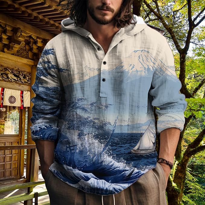 MARSVOVO Hooded Long Sleeve Shirt Men Fashion Graphic Button Up Lightweight Big and Tall Casual Vacation Shirts for Men