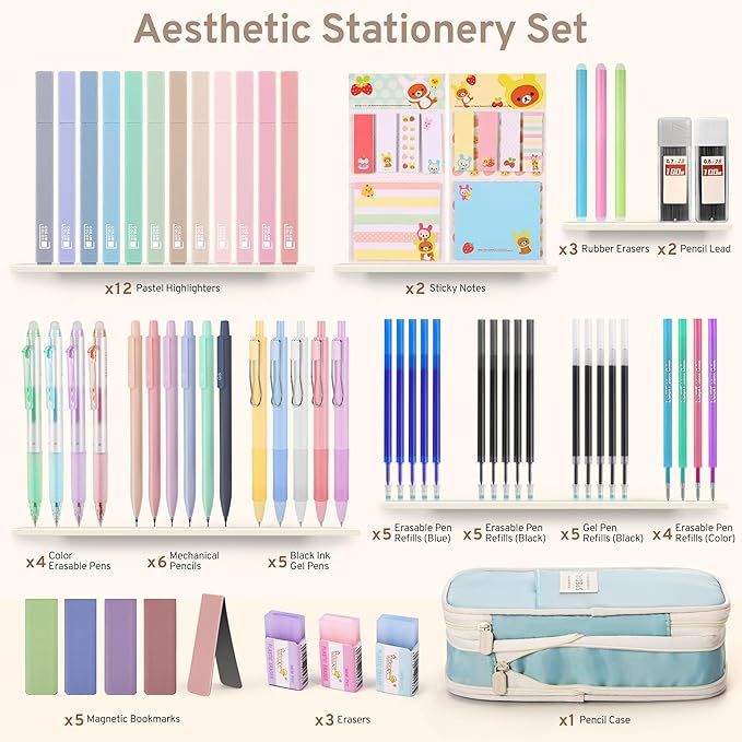 DazSirit 62 PCS Aesthetic School Supplies with Foldable Pencil Case, 12 Pastel Highlighters, 4 Erasable Pens, 5 Gel Pens, 6 Mechanical Pencils, Sticky Notes, Complete Stationery Kit for Girls, Blue