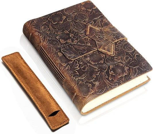 Leather Journal Notebook - Rustic Handmade Vintage Leather Bound Journals with Pencil Case for Men and Women - Leather Craft Unlined Paper 400 Pages, Leather Book Diary Notebook (8.6" x 6")