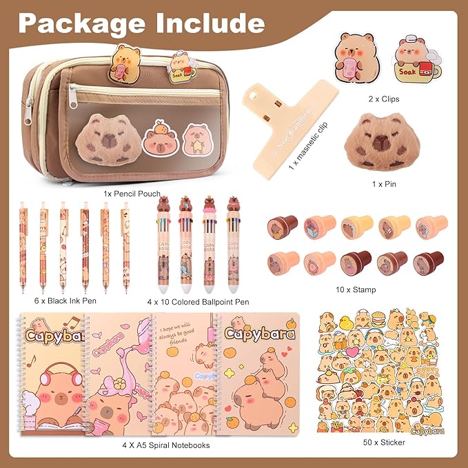 Adorable Capybara Stationery Set, Girls' Stationery Set Includes Pencil Case, Multi-Color Pens, Stickers, Pins, Notebook, Stamps. Perfect Cute Birthday Gift for Kindergarten and Elementary School.