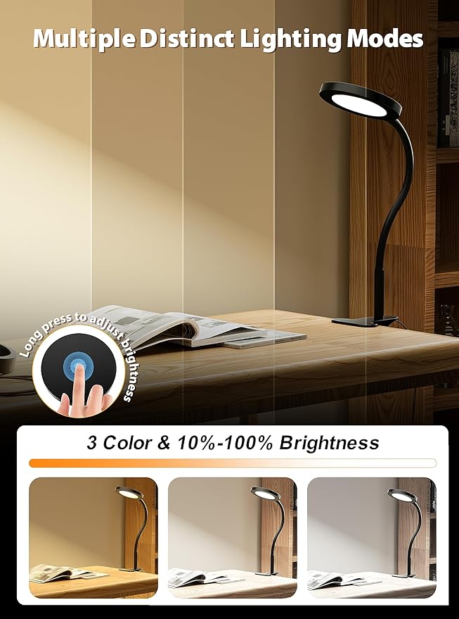 Clip on Light Infinite Dimmable Reading Lights for Books in Bed Headboard, 450LM Touch Control Clip Reading Lamp, Eye Care 3 Color Temperature Flexible Head Rotation for Bedside Night Light Black