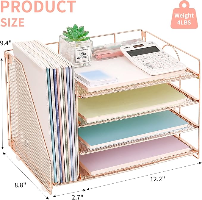 OPNICE 4-Tier Paper Organizer with Magazine Holder, Desk Organizers and Accessories, Office Desk Accessories & Workspace Organizers, Desktop File Organizer for Office Supplies Storage, Rose Gold