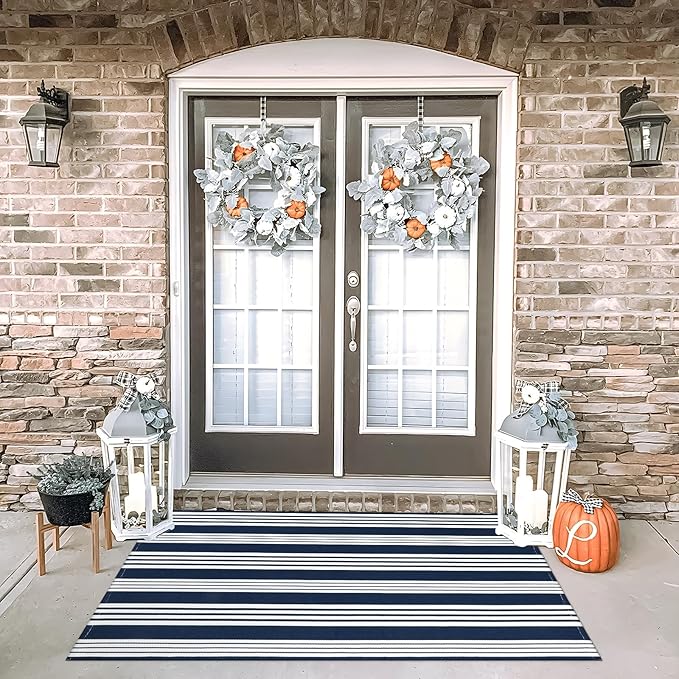 OJIA Washable Area Rugs 4'x6', Cotton Woven Indoor Outdoor Rugs Striped Patio Rugs Entryway Rug Carpet Large Area Rugs for Bedroom/Porch/Deck/Backyard/Camping/Living Room