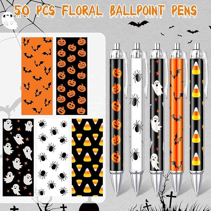 Thenshop 50 Pcs Halloween Pens Bulk Halloween Theme Gel Ink Ballpoint Pens Pumpkin Ghost Bat Spider Pattern Witch Party Favors Appreciation Gifts for Friends Office Employee Work