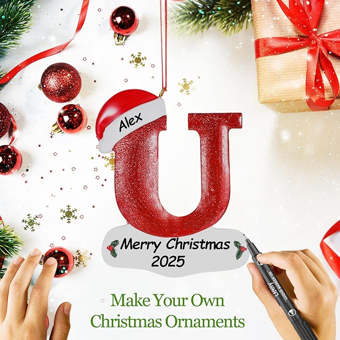 Personalized 26 Letters Ornaments for Christmas Tree 2025, Custom Christmas Ornament with Family Member's Names 3D Resin Xmas Hanging Pendant Original Gifts for Family Friends(U)
