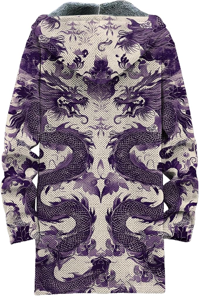 MARSVOVO Mens Cardigan Sweater Cool Graphic Lined Fleece Long Coat Zip With Pockets Fashion Coat Warm Fitted Jacket