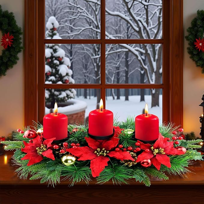 YULETIME 28" Christmas Triple Candelabrum, Holiday Candle Holder with Three Trays, Poinsettia, Red and Gold Baubles, Natural Pine Cones, Red Berries, Leaves Holly, Spruce Branches