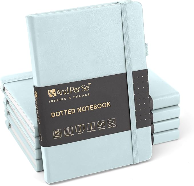 &And Per Se Dotted Journal Notebook (5 Packs), A5 Hardcover Leather Dotted Journal, 160 Pages 100 gsm Thick Paper, 3 Sheets of Stickers Included- 5.7'' x 8'' (Cyan