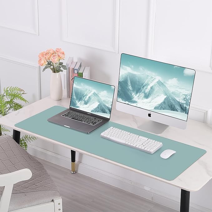 Leather Desk pad Protector,47 * 17in Large Desk mat with Natural Cork & PU Leather,Mouse pad,Non-Slip Office Desk Mat,Waterproof Desk Writing Pad for Office and Home (Light Blue)