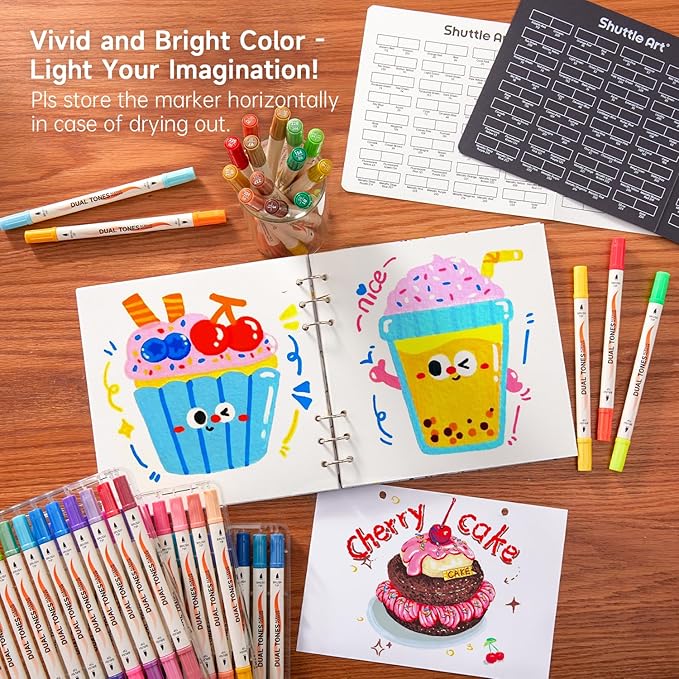Shuttle Art 60 Pack Dual Tone Acrylic Paint Markers, 120 Colors Acrylic Paint Pens for Rock Painting, Ceramic, Wood, Canvas, Glass, Stone, Fabric, Card Making, DIY & Art Supplies