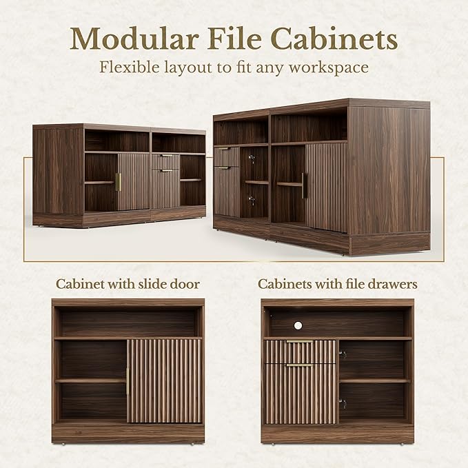 2 Drawer File Cabinet with Lock, 63'' Wood Lateral File Cabinet, Compatible Letter and A4 Size, Fluted Filing Cabinet for Home Office with AC/USB, Adjustable Storage Shelves, Black Walnut