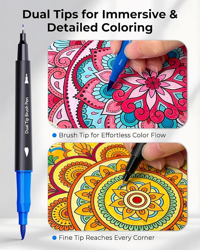 JusArt Markers for Adult Coloring Books No Bleeding, Coloring Markers with Dual Tips, Fine & Brush Pens with Ergonomic Triangle Grip & 33% More Ink, Water-Based Art Drawing Set for Adults, 100 Colors