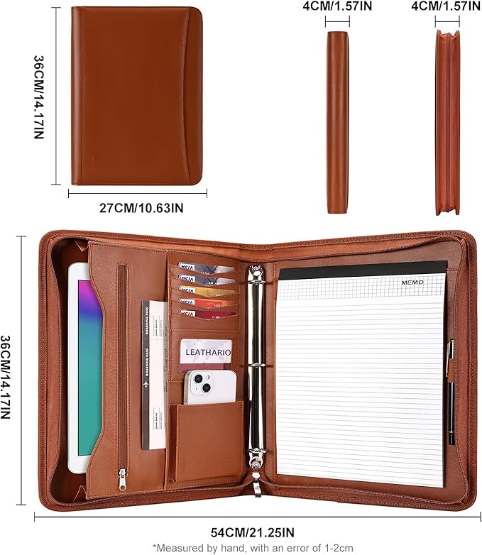 Leathario Portfolio Binder, Includes 10 Sheet Protectors and 3 Notepads, 3-Ring Folder Organizer, A4 Padfolio with Zipper, Vegan Leather Tablet Sleeve, Business Office Conference Clipboards