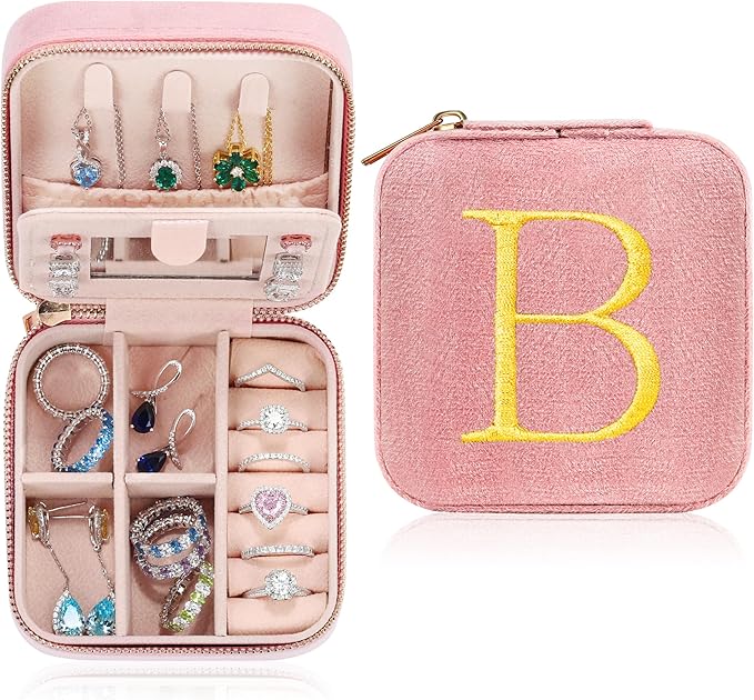 Parima Bridal Shower Bride Gifts Wedding Day - Small Personalized Travel Jewelry Box Jewelry Case Organizer Women Bridesmaid Proposal Matron Maid Of Honor Bachelorette Party favors - Letter B, Pink