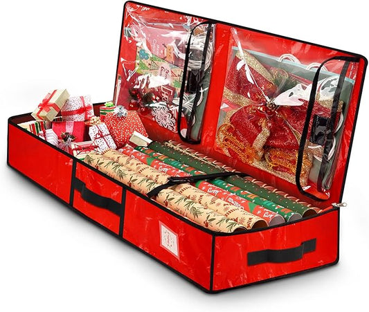 Wrapping Paper Organizer Storage Container for Christmas Holiday Gift Wrap Storage 43.2" Durable PE Underbed Storage Container with Interior Pockets Fits 24 Paper Rolls (Red)
