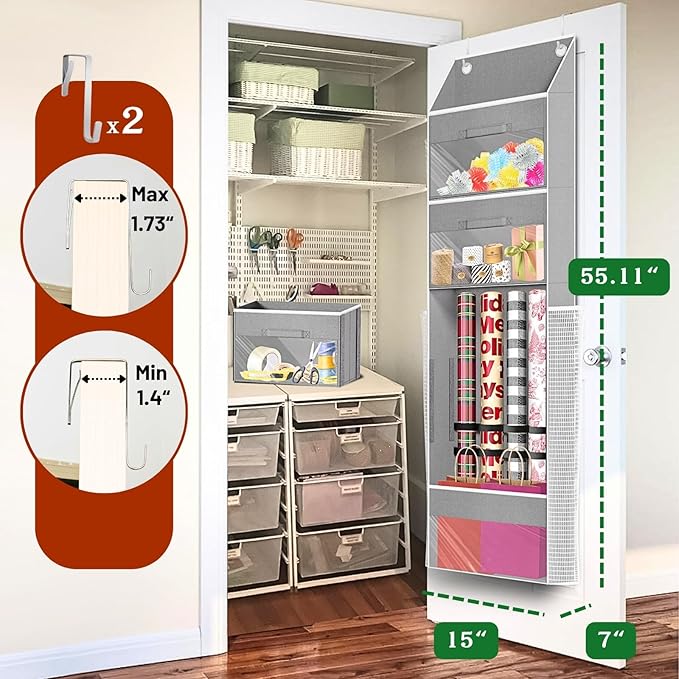 Ofiray-home Light Grey Over Door Wrapping Paper Organizer Storage with 3 Removable Drawers & Side Pockets –Dual Use Design with Elastic Straps Wrap Storage for Ribbons,Bows,Ornament and Other Tools