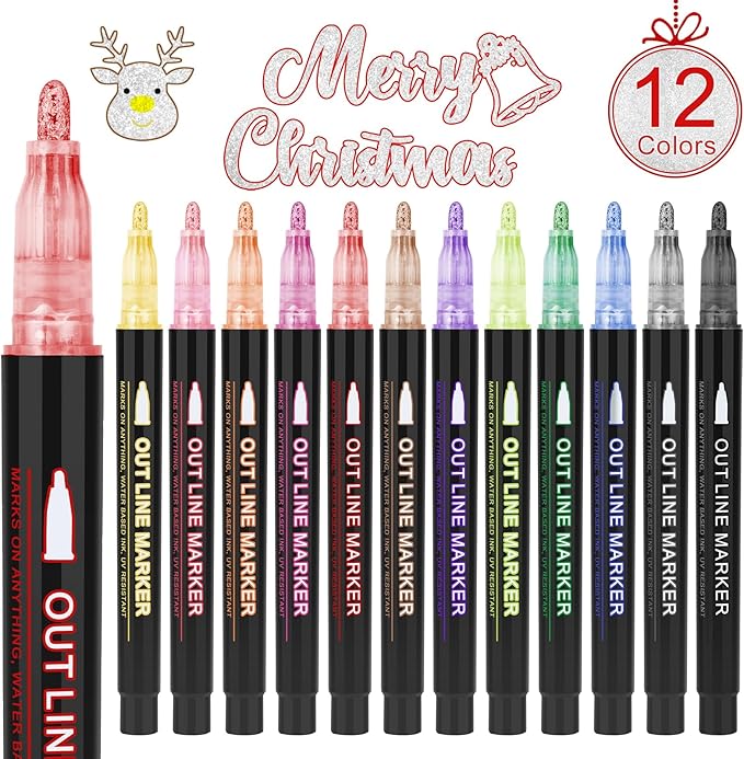 Outline Markers, 12 Colors Shimmer Markers Set, Self Outline Metallic Outline Marker Pen Set for Art, Drawing, Doodling, Card Making, Greeting Cards, DIY Crafts