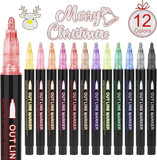 Outline Markers, 12 Colors Shimmer Markers Set, Self Outline Metallic Outline Marker Pen Set for Art, Drawing, Doodling, Card Making, Greeting Cards, DIY Crafts