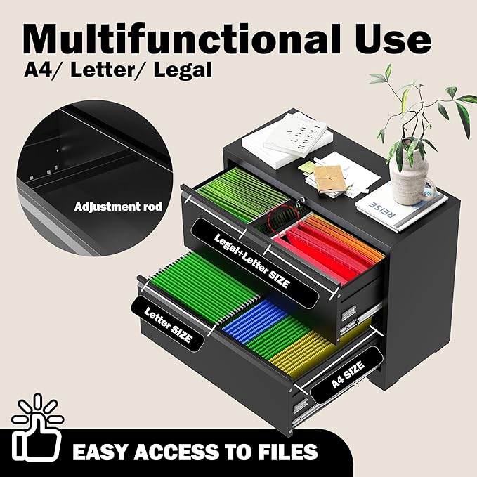 Lateral File Cabinet with Lock, 2 Drawer Filing Cabinet, Metal File Cabinets for Home Office, Steel Heavy-Duty Filing Storage Cabinet for Letters/Legal/A4 (Require Assembly, Black)