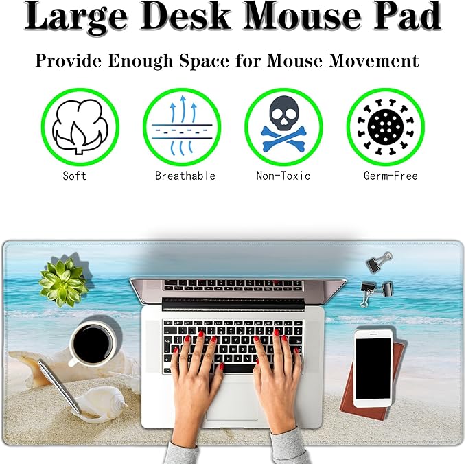 Office Desk Mat Keyboard Pad, Gaming Mouse Pad Large Desk Pad, The Desk Mat Waterproof Non-Slip Rubber Base, 35.4 X 15.7 inch for Work/Game/Office/Home Seashells, Ocean Seashells Sandy Beach